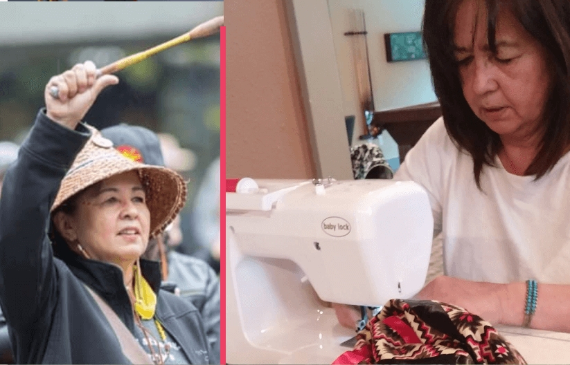 A split image of Indigenous women: One holding a drum stick in her raised hand, and one using a sewing machine