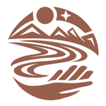 Brown colored circular illustration: Hand with water, mountians and land.